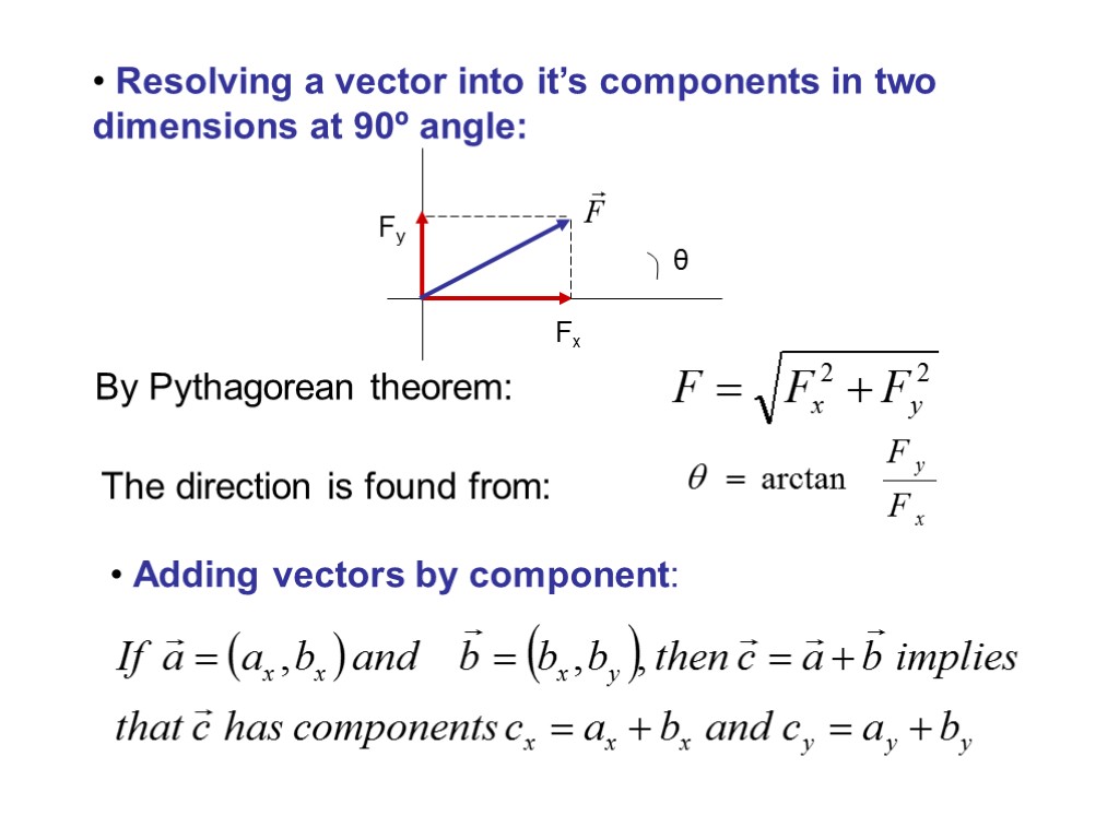 Resolving a vector into it’s components in two dimensions at 90º angle: By Pythagorean